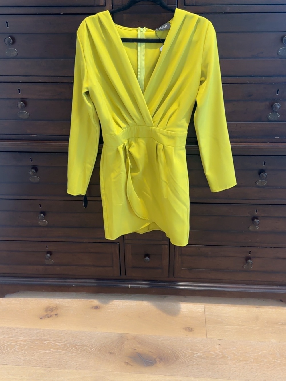 Yellow Long-Sleeve V-Neck Wrap Mini Dress